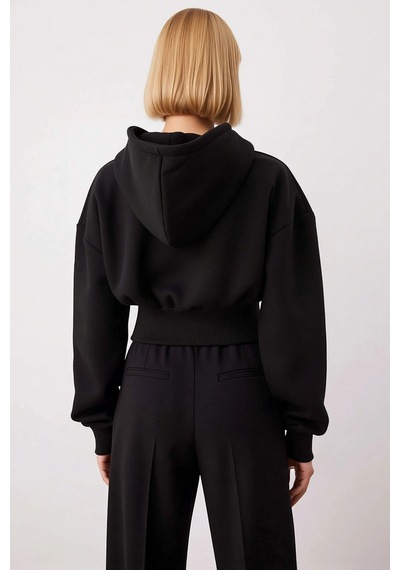Benerly Kadın Kapüşonlu Düşük Kol Fermuarlı Örme Sweatshirt Fonksiyonel D siyah