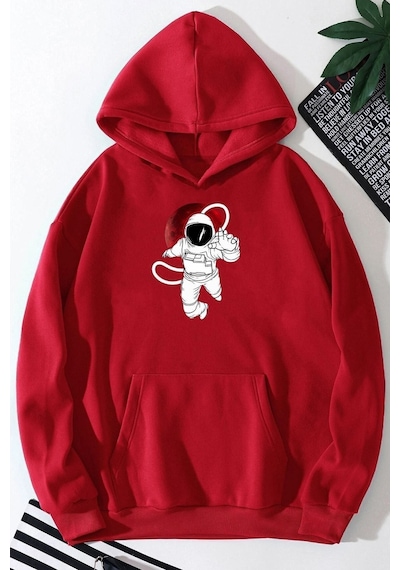 Uyguntarz Unisex Astronot Baskılı Sweatshirt Kırmızı
