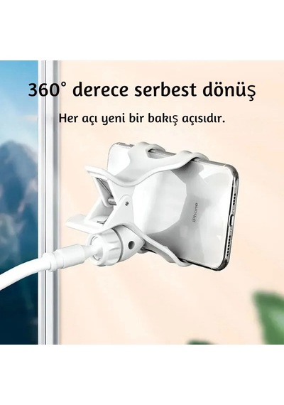 Etashop 360 Esnek Telefon Tutucu Kelepçeli Masa Yatak Başlığı Standı 4" 7.1" Uyumlu Beyaz Beyaz