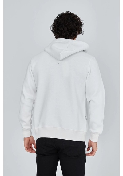 Erkek 3 İplik Pamuklu Kapüşonlu Tam Fermuarlı Cepli Hoodie Sweatshirt - Beyaz