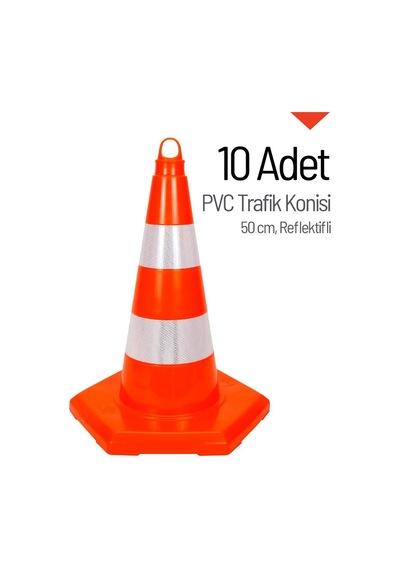 10 Adet PVC Trafik Konisi 50 cm Reflektifli 6 Kenar Trafik Dubası
