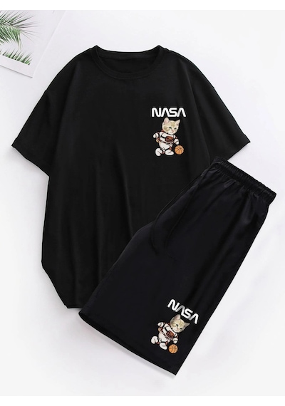 Unisex Oversize Nasa Kedicik Baskılı Siyah Bisiklet Yaka T-shirt Şort Siyah Unisex Oversize Nasa Kedicik Baskılı Siyah Bisiklet Yaka T-shirt Şort Siyah