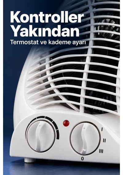 Termostat Ve Kademe Ayarlı Beyaz Fanlı Isıtıcı Devrilme Emniyetli