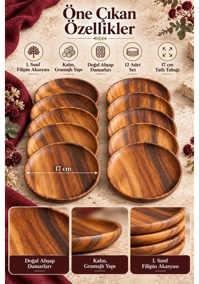 Atbyhome 12'li Akasya Ahşap Tatlı Tabağı Seti 17 Cm - Doğal Yuvarlak Pasta Çay Saati Sunum Tabağı Kahverengi