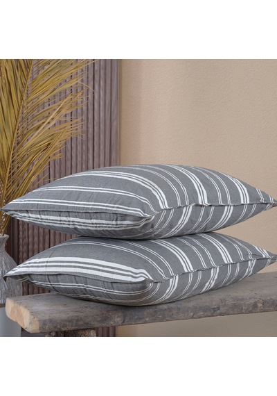 Pamuklu İpliği Boyalı Yıkamalı Kapaklı Yastık Kılıfı 2 Li Set 50x70 Cm Çift İğne Detaylı Gri - Beyaz