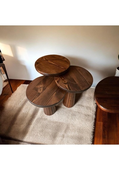 Wood Wooden Ahşap 3 Lü Set Fitilli Mantar Yan Sehpa Modern Kestane Renk Fiskos Kestane