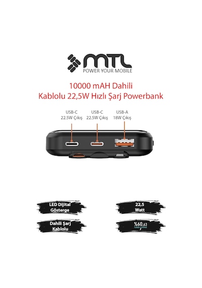 10000 Mah 22.5w Süper Hızlı Şarj Dahili Kablolu Dijital Led Göstergeli Pd Ve Qc 3.0 Powerbank Mt4310 Siyah