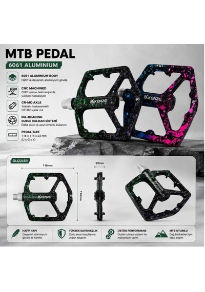 Kenze 3 Rulmanlı Ultralight Alüminyum Alaşımlı Mtb Bmx Geniş Hafif Platform Pedal Yeşil Mor