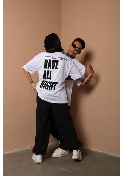 Technomonkey Unisex Beyaz Oversize Rave All Night Baskılı Techno Tişört