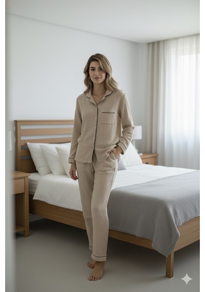Varol %100 Pamuk Müslin Kadın Pijama Takımı - Bej Bej