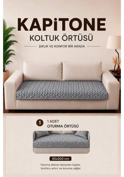 Tek Parça Kaymaz Taban Kapitone Koltuk Örtüsü Çekyat Kanepe Örtüsü 90x200 Gri Gri