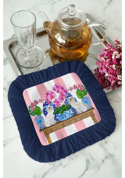 Chinoiserie Stil Saçaklı Sunum Dekorasyon Mendili-pastoral Glam Eklektik Lacivert Kahve Yanı Peçete Çok Renkli