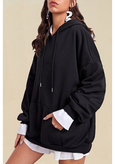 Blackjack Giyim Blackjackgiyim Düz Siyah Kapüşonlu Oversize Sweatshirt Pamuklu siyah