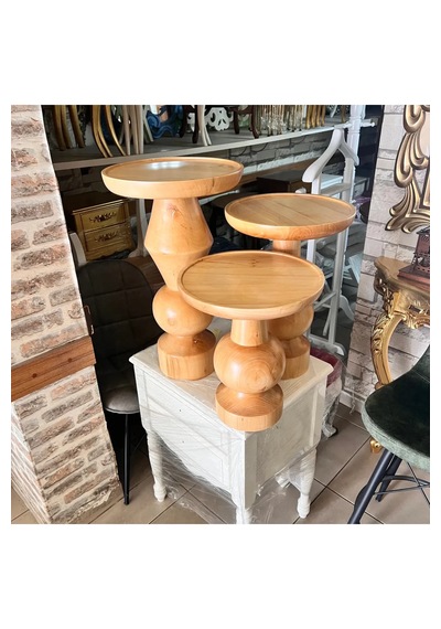 Wood Ahşap 3 Lü Set Fitilli Mantar Yan Sehpa Modern Fiskos / Çiçe