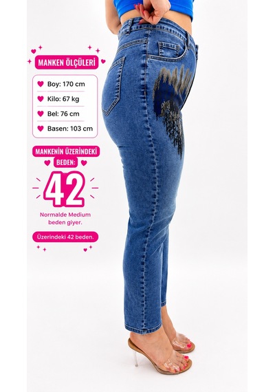 Zanessi Fashıon Büyük Beden Baskılı Denim Kadın Pantolon Mavi