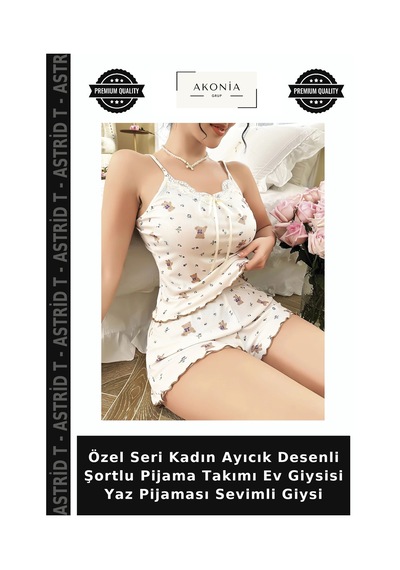 Astrid T Özel Seri Kadın Ayıcık Desenli Şortlu Pijama Takımı Ev Giysisi Yaz Pijaması Sevimli Giysi