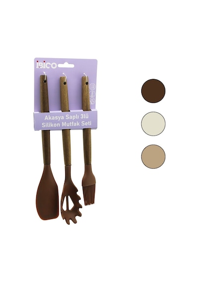 İbico İ22-011 Renkli Silikon Mutfak Seti - Ahşap Akasya Saplı Yumurta Fırçası, Makarna Kaşık, Spatula 27-30cm- 12'li Paket