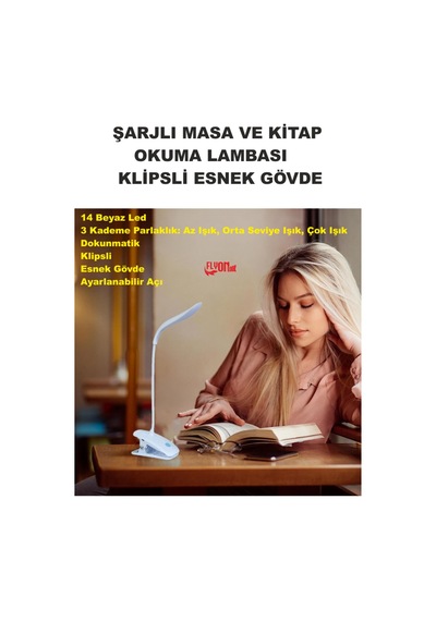 Şarj Edilebilir Klipsli Kitap Okuma Işığı 14 Led Kitap Arası Okuma 3 Modlu Işık Mandallı Lamba Masa Beyaz
