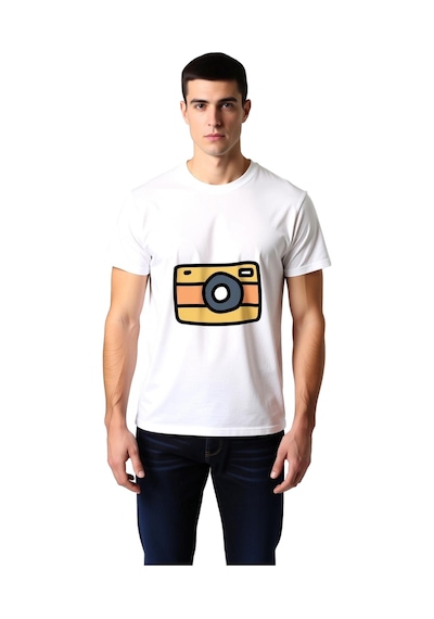 Paybuy Sarı Fotoğraf Makinesi Illüstrasyonu Baskılı Erkek Tişört Beyaz