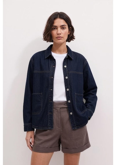 Kadın Gömlek Yaka Oversize Lacivert Jean Ceket Lacıvert