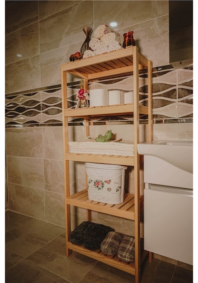 Ahşap Banyo Rafı 5 Raflı Havluluk Sabunluk Dekoratif Raf Dolap Banyo Düzenleyici Çok Amaçlı Raf Turkuaz