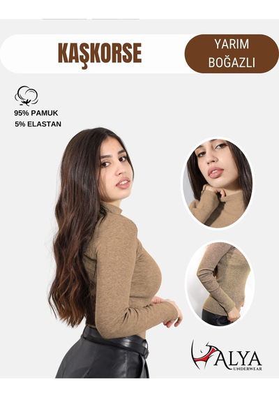 Alya Underwear Kaşkorse Yarım Boğaz Body Sweatshirt, Fitilli Kumaş, Likralı, Bordo Kahverengi Melanj