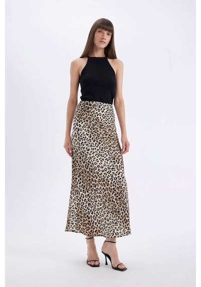 Defacto Straight Fit Normal Bel Leopar Desenli Saten Maxi Etek D6886axnser103 Ekru