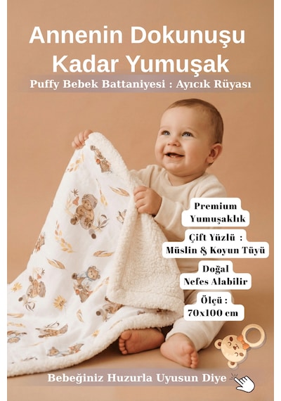 Luckka Puffy Koyun Tüylü Müslin Battaniye - 70x100 Cm - Ztpuf00 001
