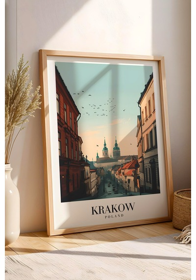 Krakow Poland Vintage Seyahat Posteri Çerçeveli Tablo - Premium Tarihi Şehir Elit Duvar Dekoru Kayın