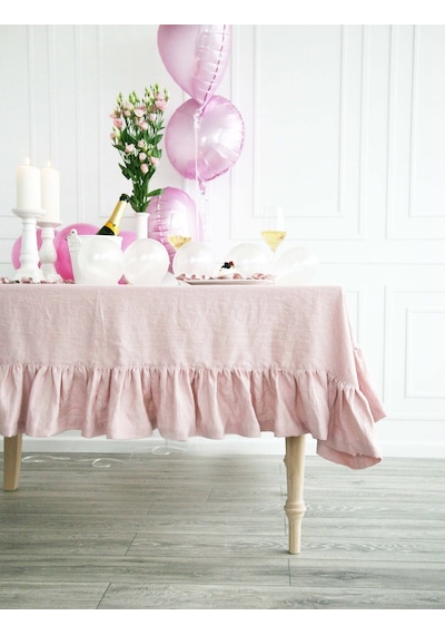 Buldan Keten Fırfırlı Vintage Pastel Pembe Masa Örtüsü
