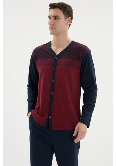 Modadua Kocabey Dm-26104 V Yaka Boydan Düğmeli Pijama Takımı Bordo