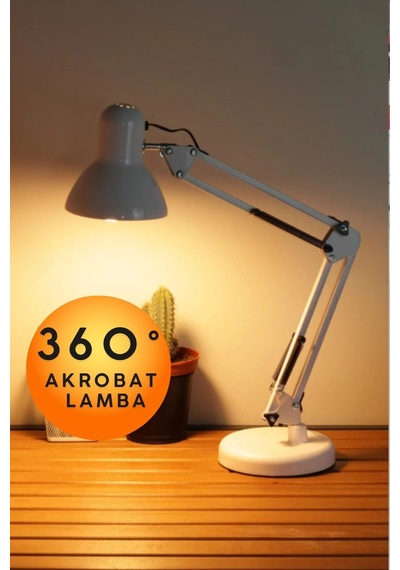 Beyaz Akrobat Masa Lambası Yaylı Metal 360 Derece Hareketli Ayarlanabilir Çalışma Masası Lambası Ofis Çizim Mimari Tasarım Okuma Lambası Mengeneli Masaüstü Gece Lambası E27 Duy Ev Ofis Aydınlatma Beyaz Beyaz
