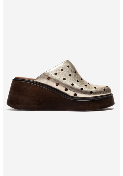 Luvishoes Nıves Altın Hakiki Deri Delikli Kadın Dolgu Topuklu Terlik