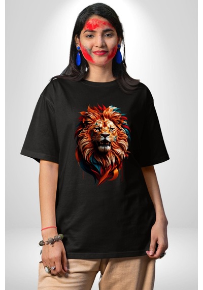 Renkli Kaplan Kükrüyor Pamuklu Bisiklet Yaka Unisex Oversize Boyfriend Dijital Baskılı Siyah T-shirt Siyah