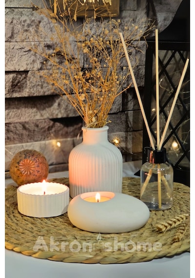 Dekoratif 4'lü Set Vazo,Vanilya Kokulu Mum, Tealight Mumluk ve Mum