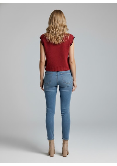 Qoolest Kadın Kırmızı Kontrast Dikişli Şal Yaka Düğmeli Crop Triko Yelek Kırmızı/lacivert