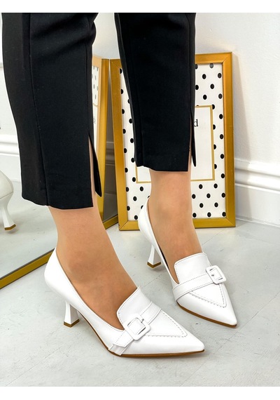 Ervanın Butiği Beyaz Cilt Kahlo Toka Detay Kadın Stiletto-3920