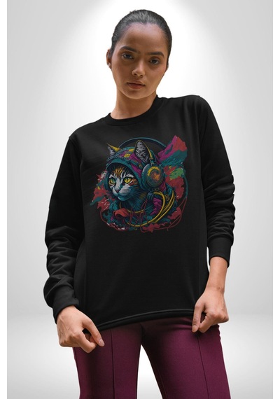 Kulaklık Kedi Müzik Tekir Unisex Siyah Baskılı Sweatshirt Siyah
