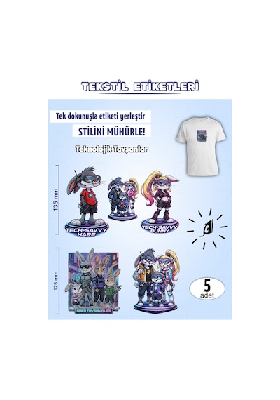 Ütü İle Yapışan Kıyafet Etiketi Teknolojik Tavşanlar 5li Set Karışık