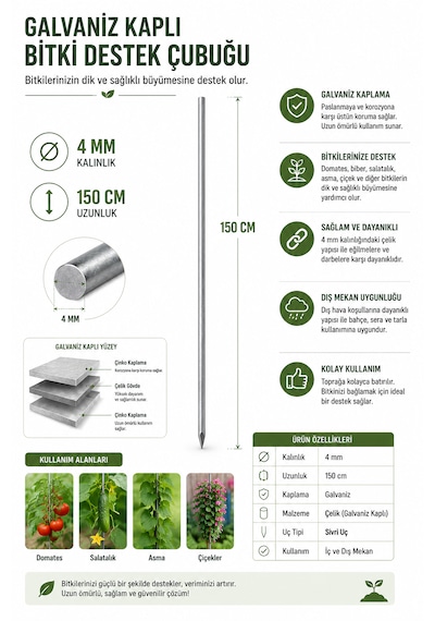 Bitki Destek Çubuğu 10 Ad 150 Cm Domates Biber Salatalık İçin Dayanıklı Bahçe Teli 4 Mm Galvanizli Paslanmaz Tel