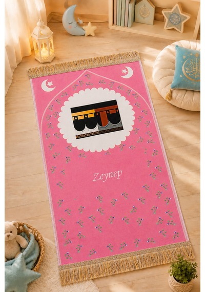 Çantalı Kız Çocuk İbadet Seti Pembe Kabe Motifli İsimli Seccade Orta Boy Kuranı Kerim Tesbihli