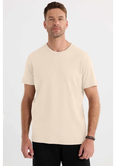 Tudors Unisex Relax Fit Rahat Kesim %100 Pamuk Yumuşak Dokulu Hafif Kalın Bej Bisiklet Yaka Tişört-36916 Bej