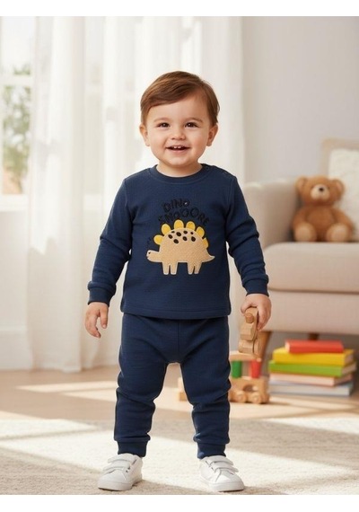 Zekids Erkek Bebek Pamuklu Dokulu Kumaş Dinozorlu Eşofman Takımı-16384 Lacivert