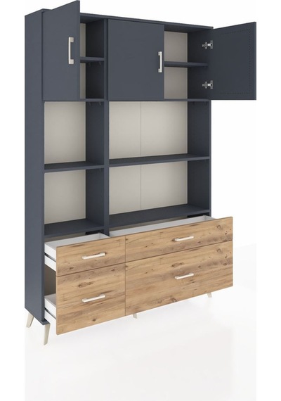 Arges Dolap 8 Raflı 4 Çekmeceli 3 Kapaklı 132x30x195 Antrasit-antrasit/çam Antrasıt/atlas Çam