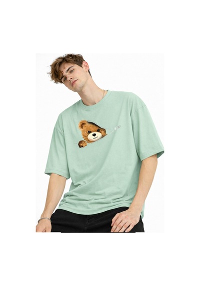 Misa Tahtakale Mn - Bear Baskılı Oversize Tişört Su Yesılı Çok Renkli