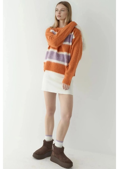 Hiccup Relaxed Fit Renkli Çizgili Triko Kazak Neon Pembe