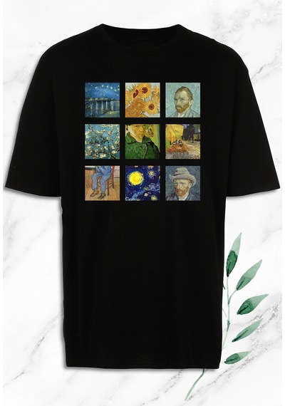 Flood Of Style Oversize Art Van Gogh Portre Kolaj Baskılı Siyah Tişört