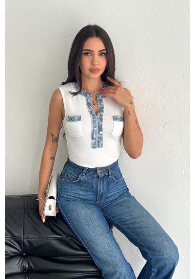Femelle Kadın Beyaz Kot Detaylı Pul Payet İşlemeli %100 Pamuk Kolsuz Triko Bluz
