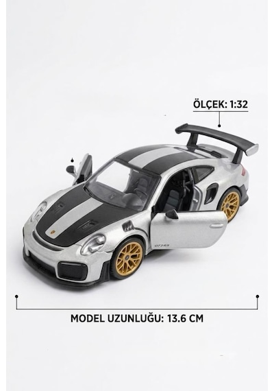 TıfılToys Hobbiez Lisanslı Porsche 911 Gt2 Kapıları Açılabilir Model Diecast 1/32 Ölçek Metal Standlı Araç Gri