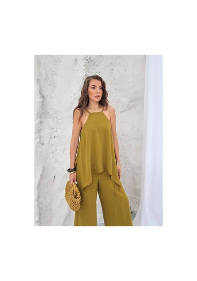 Paw Garage Kadın Keys İthal Ayrobin Kumaş Bluz Detaylı Tulum Olive